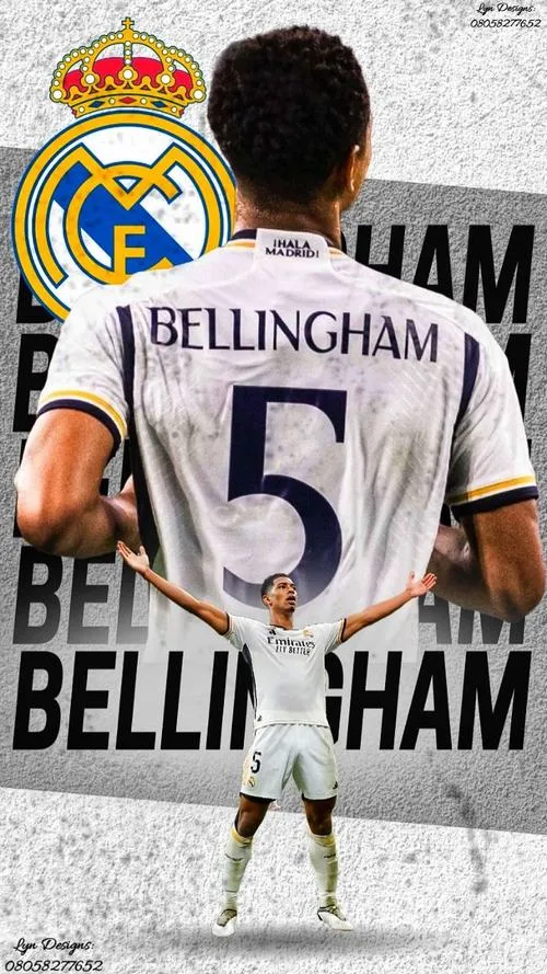 4 Ảnh bìa đẹp Jude quay lưng áo số 5, khung hình tối giản, nhận diện Real Madrid rất rõ ràng.