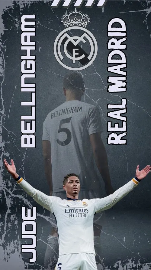 17 Hình nền điện thoại ngầu Belli dang tay trước khán đài, chữ Real Madrid dọc, vibe poster rõ nét.
