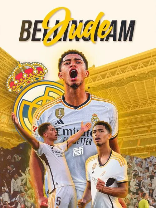 20 Hình nền 4K Jude giơ tay chỉ lên, logo Real Madrid vàng rực, hợp làm ảnh bìa cực sang.
