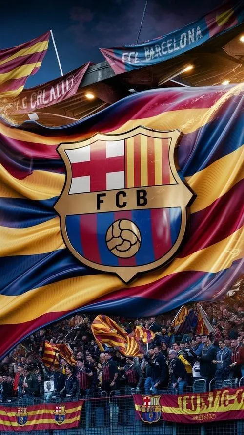 10 Hình nền đẹp phù hiệu Barça trên nền cờ bay, cờ Senyera gợi bản sắc Catalonia.