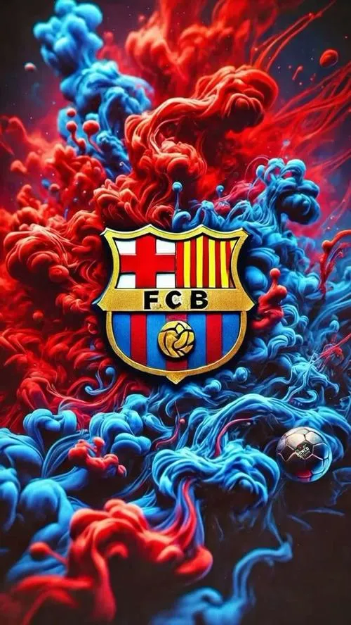 17 Hình nền đẹp logo Barca giữa khói đỏ xanh, tương phản màu mạnh, nhìn nổi khối rõ.