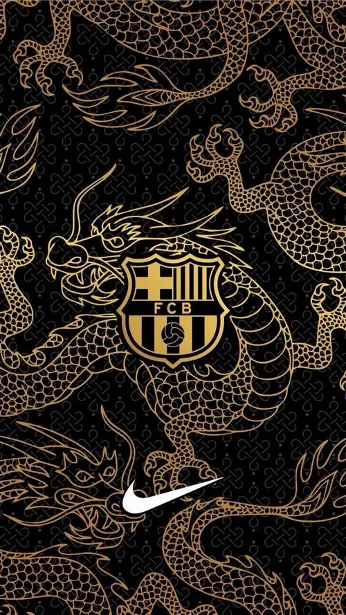 1 Hình nền điện thoại ngầu với huy hiệu Barça nhỏ trên nền họa tiết tối, viền vàng nổi bật.