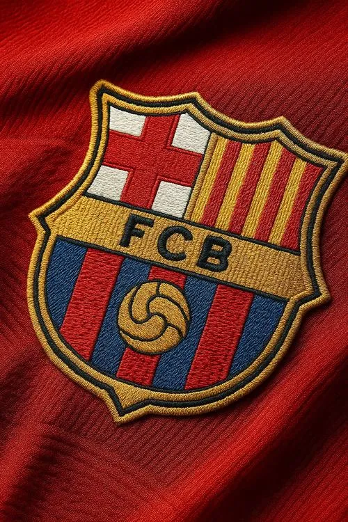 2 Tải ảnh HD logo Barca dập nổi trên vải đỏ, dải băng FCB sắc nét, nhìn rất đẹp.