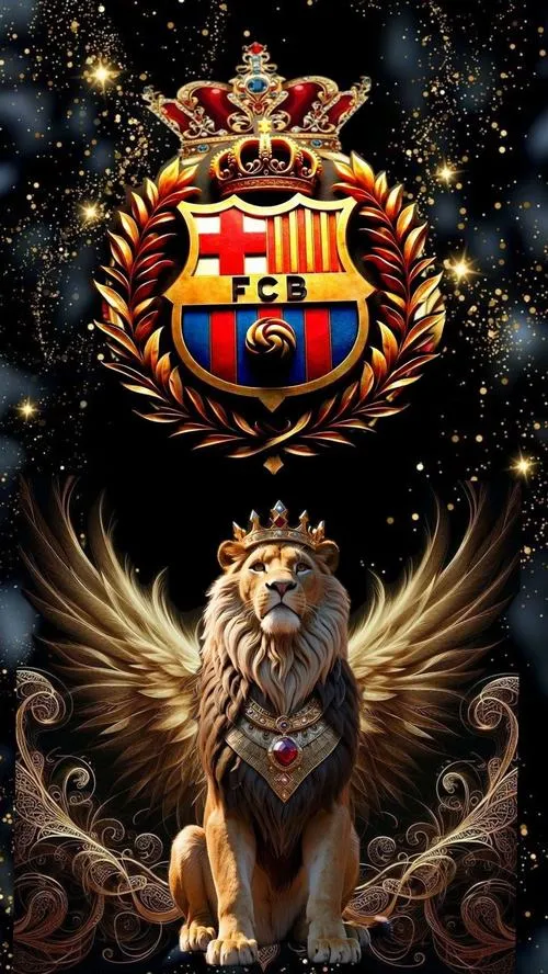 5 Hình nền 3D huy hiệu Barça kèm vương miện, tương phản màu mạnh tạo cảm giác quyền lực.