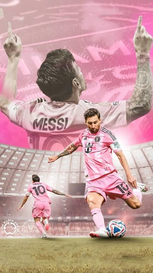 30 Hình đẹp Messi áo hồng sút bóng giữa nền trời hồng, hậu cảnh thoáng, cảm giác nhẹ mà ngầu