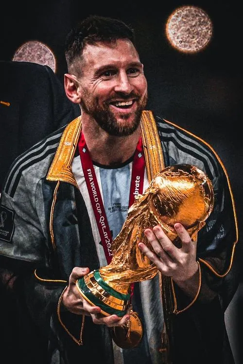 27 Ảnh HD Messi mặc áo khoác ôm cúp, nền tối sâu, ánh mắt điềm tĩnh như chốt hạ