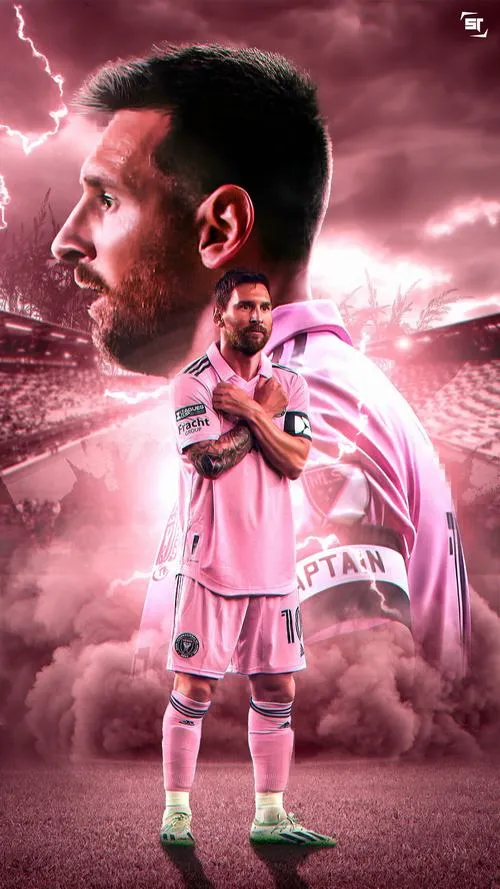 28 Hình nền đẹp Messi áo hồng nhìn nghiêng, ánh sáng đỏ tím, thần thái lạnh và quyết đoán