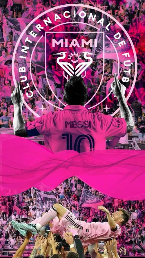 4 Hình nền đẹp biểu tượng Inter Miami hồng đậm, họa tiết tròn nổi bật giữa hậu cảnh mờ kiểu điện ảnh