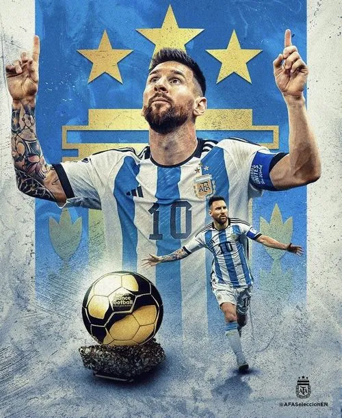 7 Hình nền điện thoại Messi áo Argentina với bóng vàng, khán đài mờ phía sau, thần thái chắc nịch