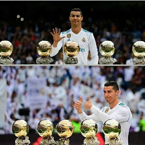 19 Giữa đội hình Real Madrid, nhiều quả bóng vàng bày phía trước, khung hình đầy thành tựu.