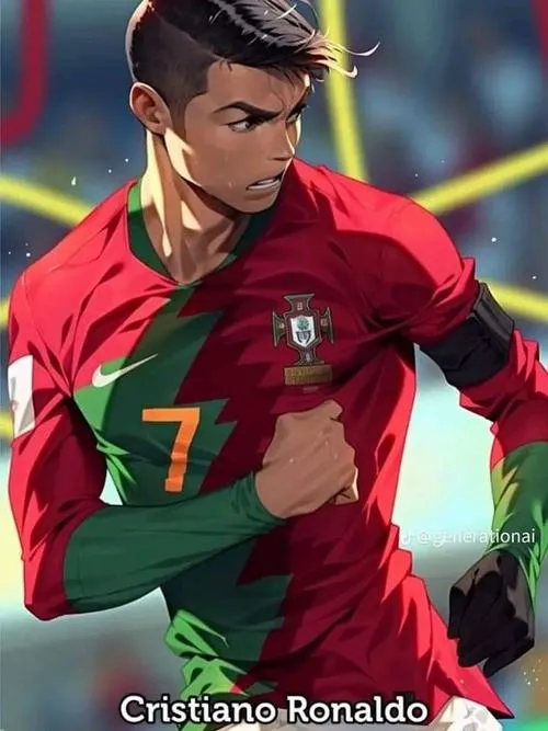 12 Ronaldo cartoon chibi đứng trên sân cỏ, số 7 rõ, nền gradient chuyển mượt