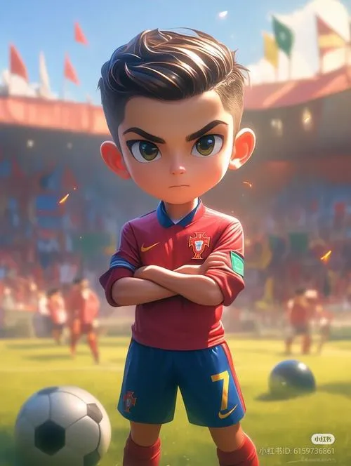 16 Minh họa Ronaldo phong cách chibi cầm bóng, mắt to long lanh, đường nét bo tròn