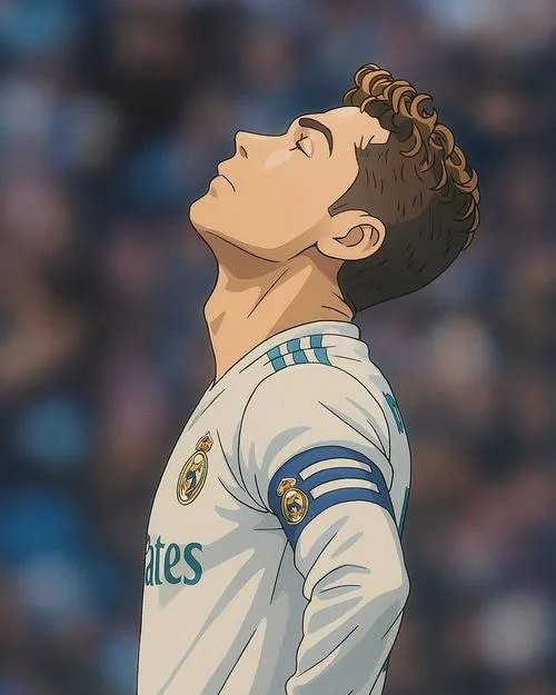 19 Cristiano Ronaldo chibi với áo đấu và tất dài, giày đinh sắc nét, nét vẽ vẽ tay