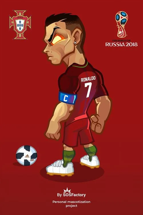 21 Ronaldo phiên bản hoạt hình đứng nghiêng, mắt to mày sắc, bóng đổ tạo chiều sâu