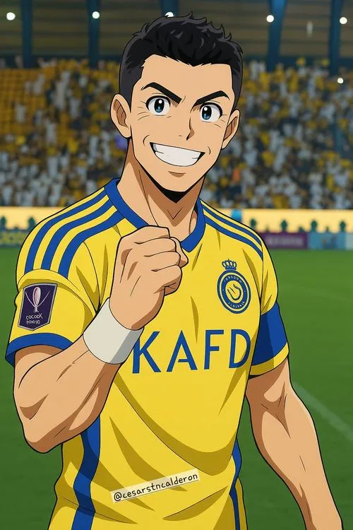 4 Ronaldo cartoon chibi ăn mừng, miệng cười nhẹ, bóng đổ làm hình nổi hơn