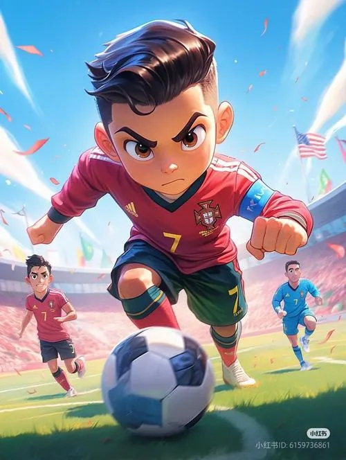 9 Cristiano Ronaldo chibi sút bóng, bụi cỏ bay, chuyển sắc nhẹ tạo cảm giác bùng nổ