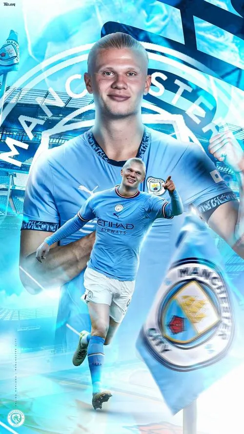 13 Ảnh bìa 4K Haaland lao vào vòng cấm địa, áo đấu số 9 nổi trên nền logo