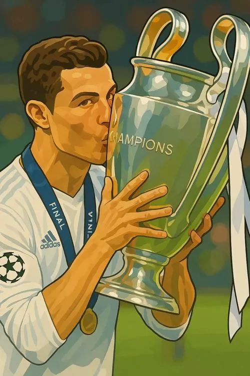 24 Ronaldo cầm cúp có đế gỗ rõ nét, tông màu điện ảnh, hậu cảnh bokeh mềm