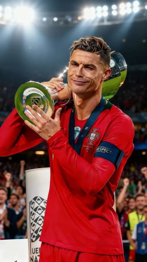 26 Ronaldo cầm cúp giữa làn kim tuyến, tóc và vai áo dính lấp lánh, cảm giác rất thật