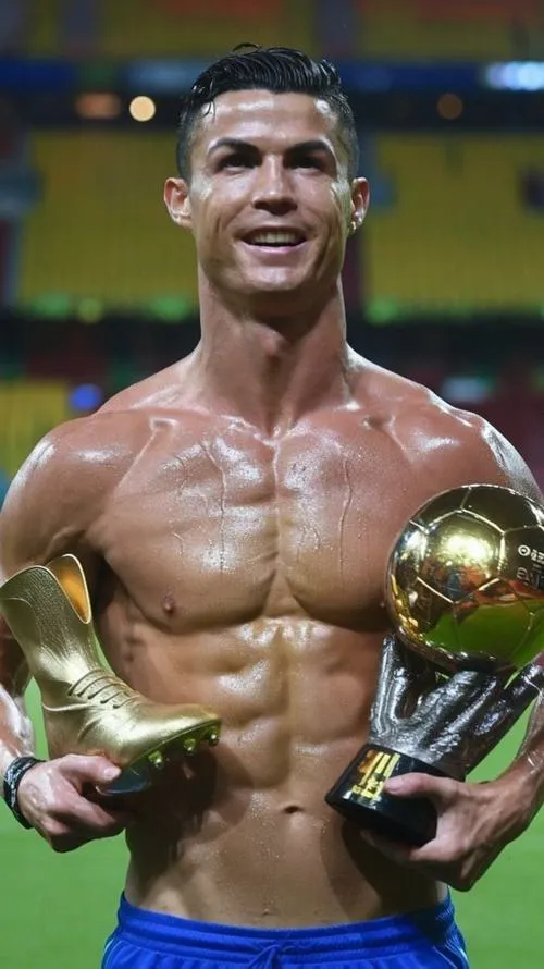 31 CR7 nâng cup cạnh logo giải đấu, backdrop sáng, cảm giác đăng quang trọn vẹn ngay khoảnh khắc đó