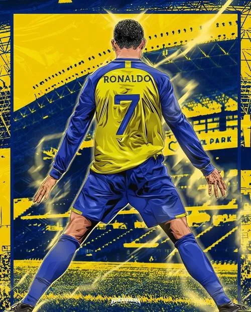 3 Hình Ronaldo tạo dáng trước logo Al Nassr, màu vàng xanh nổi, hợp làm ảnh bìa 4K