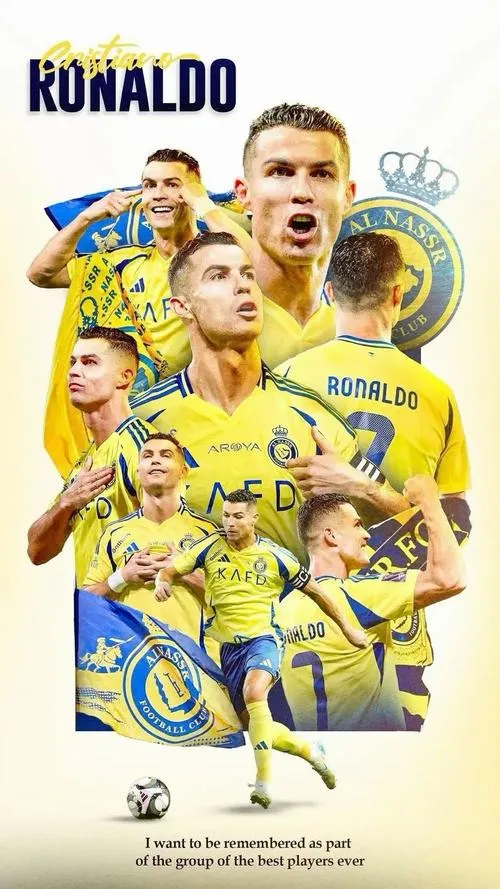 7 Hình Ronaldo ở Al Nassr dạng poster nhiều nhân vật, tông vàng xanh, làm hình nền đẹp