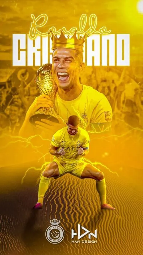 22 Tải ảnh Ronaldo ngồi trầm trong nền vàng, chữ Cristiano nổi, hợp ảnh bìa ngầu kiểu poster
