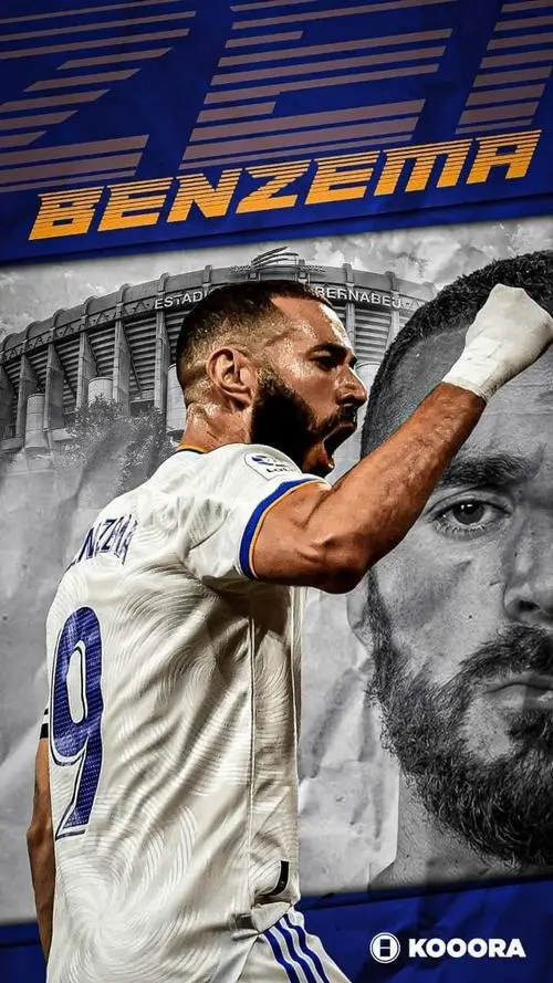 9 Hình nền HD King Karim đứng điềm tĩnh, logo Real Madrid mờ, tông trắng chủ đạo sang