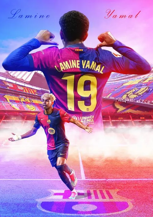 14 Hình nền 4K Yamal giơ tay ăn mừng khoe số áo 19, nền hồng tím mượt, hợp ảnh bìa tối giản