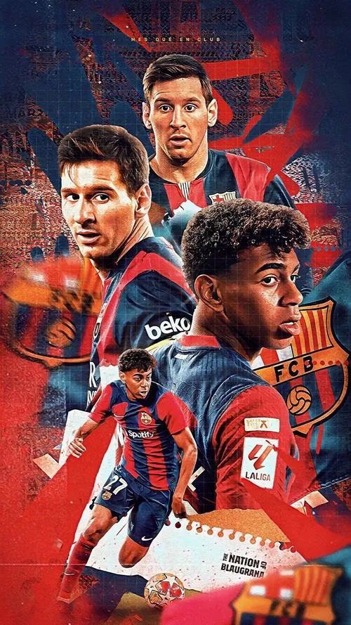 1 Hình nền đẹp kiểu poster, Yamal nổi bật giữa khung đỏ xanh Barca, vibe sân cỏ cực ngầu