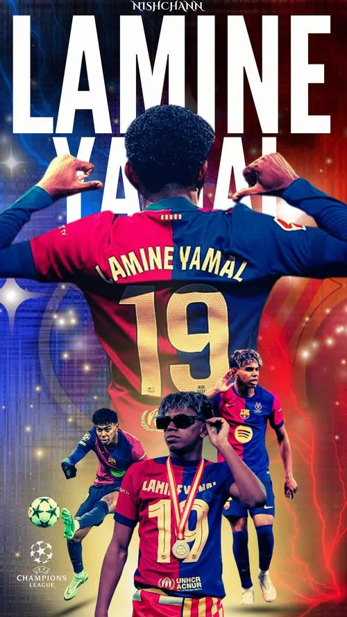 19 Tải ảnh hình nền Yamal chữ LAMINE lớn, áo số 19, màu đỏ xanh gọn, hợp máy tính 4K