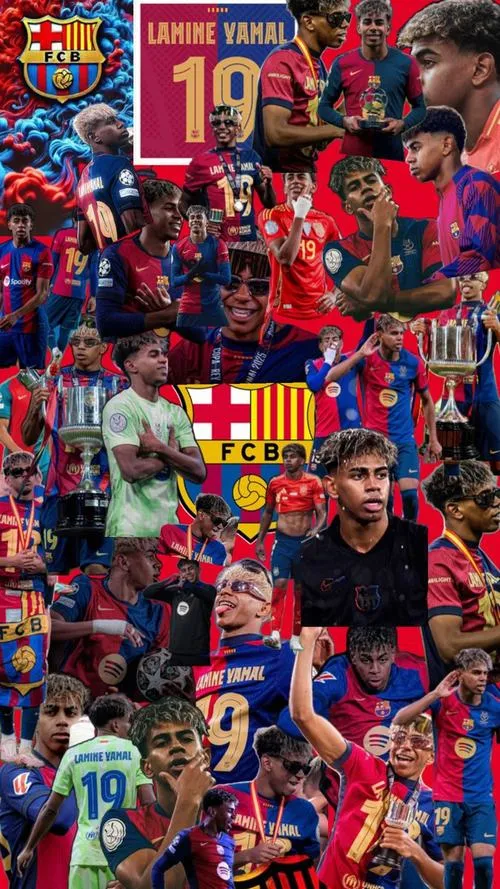 2 Tải ảnh nền Lamine Yamal dạng collage nhiều khoảnh khắc, phối màu đỏ xanh rực, hợp máy tính 4K