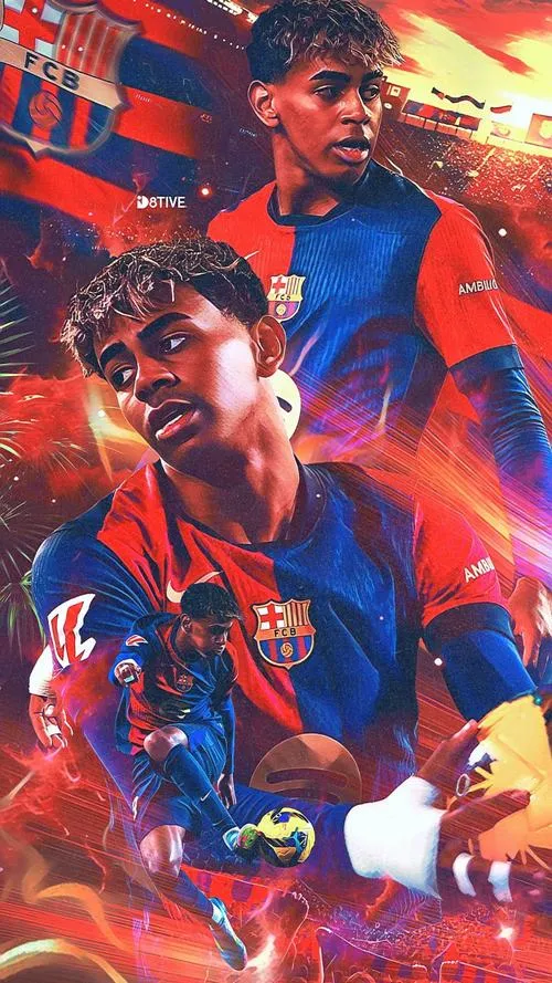 3 Hình nền điện thoại Yamal đang rê bóng, ánh sáng mạnh, nền đỏ cam nóng, nhìn rất ngầu