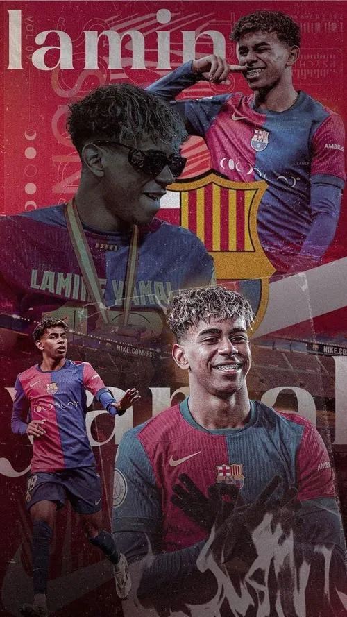 4 Hình nền đẹp tông đỏ tím, Yamal ăn mừng cận cảnh và toàn thân, nền sân vận động mờ tạo chiều sâu