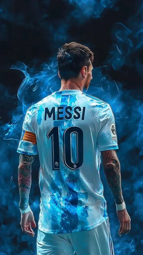 30 Hình nền Messi áo Argentina số 10 nhìn từ sau, tông xanh băng giá, ngầu và gọn