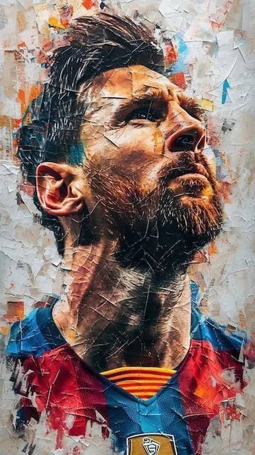 8 Hình nền Messi cận mặt áo Barca, nét vẽ bụi và tương phản mạnh, nhìn rất có lực