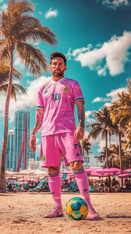 17 Tải ảnh Messi áo hồng Inter Miami đứng trên cát, nền trời xanh, hình nền đẹp mát mắt