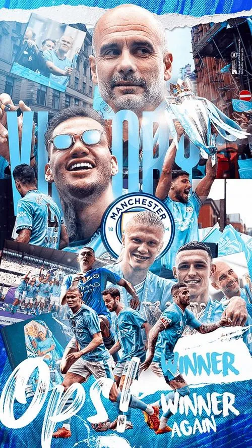 1 Hình nền điện thoại Manchester City phong cách poster, Sky Blue phủ đầy, cầu thủ ăn mừng tràn khung