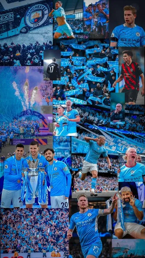 8 Tải ảnh hình nền Man City đẹp, collage phòng thay đồ, The Citizens reo hò trong tông xanh rực