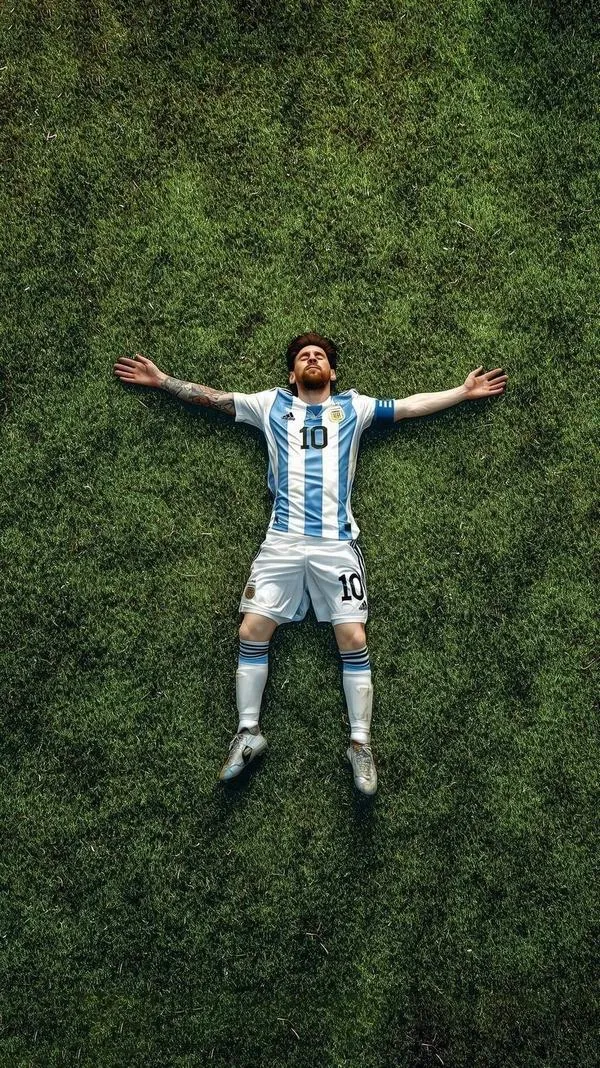 1 Hình nền điện thoại 4K Messi nằm dang tay trên cỏ xanh, vibe ngầu và yên tĩnh.