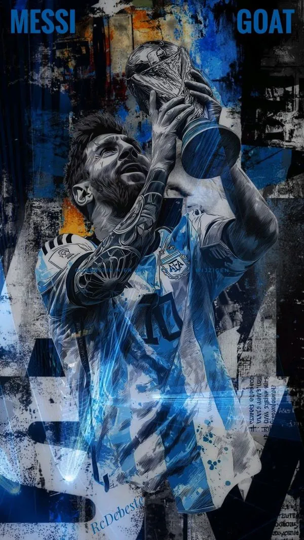 9 Ảnh bìa ngầu 4K Messi nâng cúp tông xanh lạnh, hiệu ứng bụi hạt tạo chiều sâu.