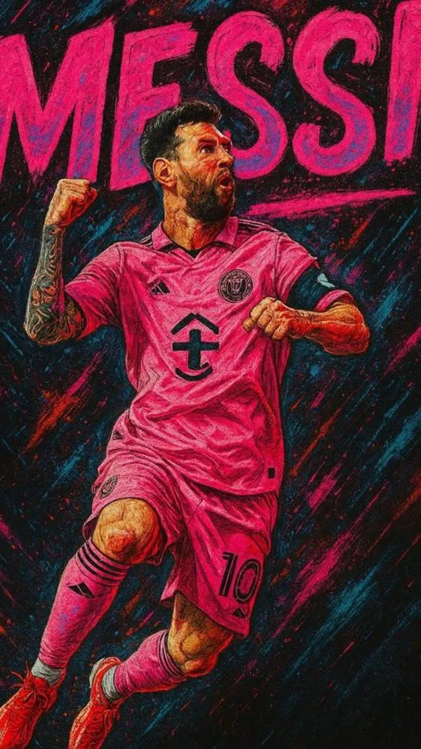 12 Tải ảnh 4K Messi áo hồng chạy bóng, nền tối tương phản mạnh, nhìn ngầu và hiện đại.