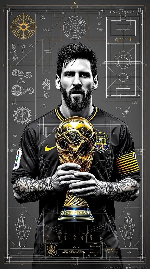 13 Hình nền 4K Messi cầm quả bóng vàng, nền kỹ thuật số, ánh viền nhẹ, hợp máy gaming.