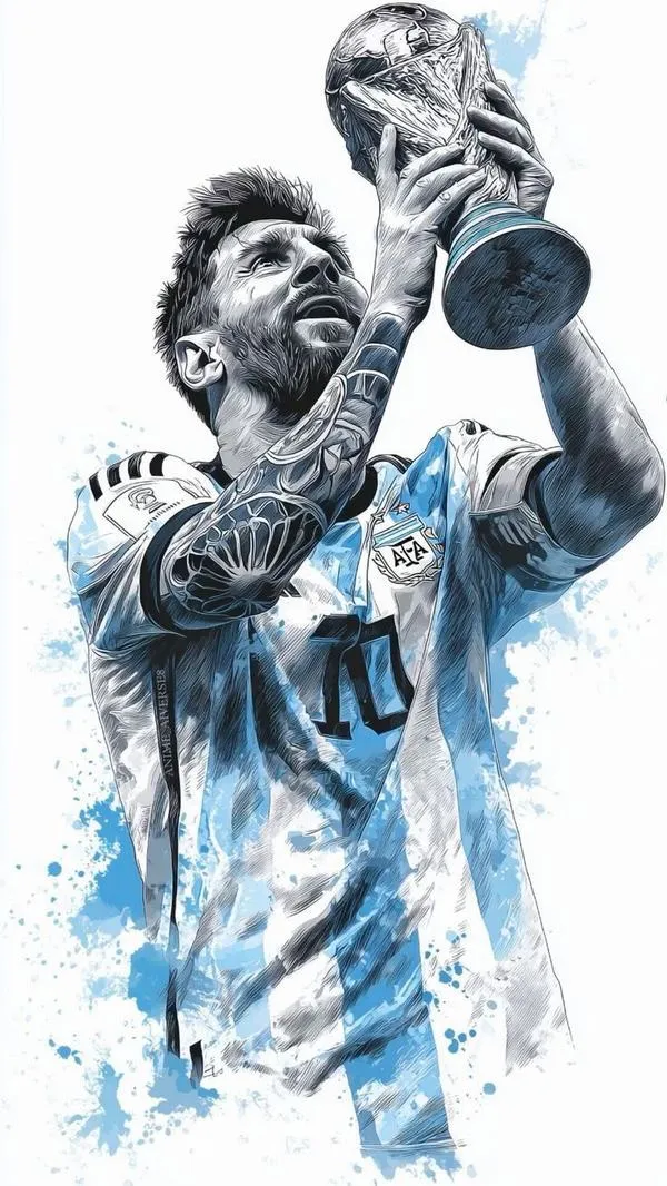 15 Hình nền điện thoại 4K Messi nâng cúp kiểu watercolor, nền trắng thoáng, nhìn sạch và đẹp.
