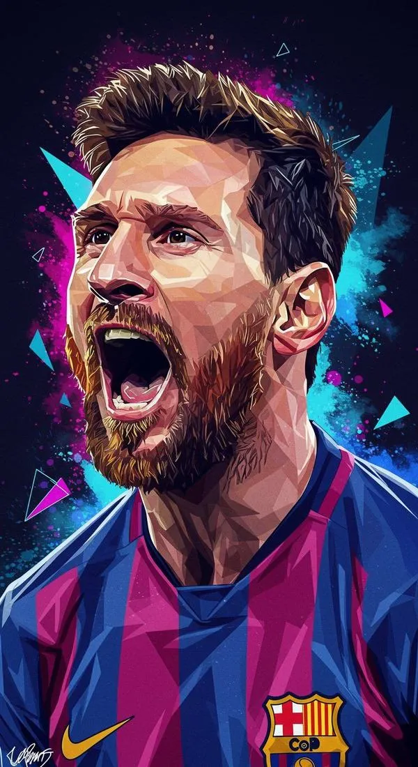 17 Hình nền 4K Messi gào ăn mừng, tông neon tím xanh, ánh sáng mạnh, cảm giác cực ngầu.