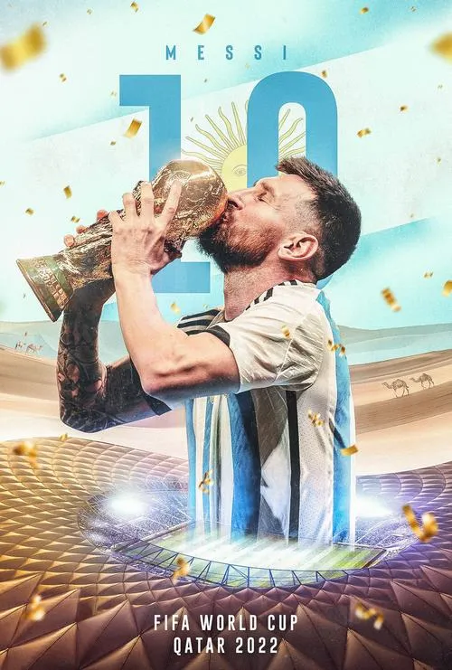 30 Tải ảnh ngầu Messi hôn cúp rồi ngẩng lên, ánh mắt rực, nền đèn chớp tạo cảm giác điện ảnh.