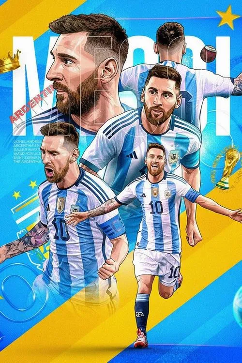 11 Hình nền điện thoại đẹp kiểu minh họa, Messi chạy và ăn mừng, áo xanh trắng nổi trên nền vàng.