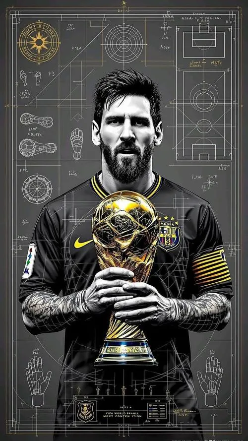 12 Tải ảnh ngầu Messi cầm cúp vàng giữa nền đen, ánh kim bật mạnh, dáng đứng điềm tĩnh.