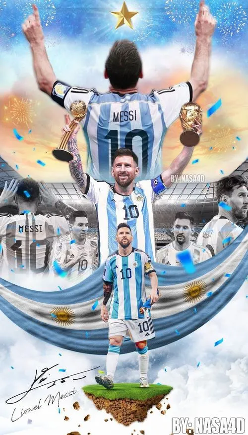 17 Hình ngầu Messi quay lưng giơ cúp, số áo lộ rõ, sân vận động mở rộng phía trước.