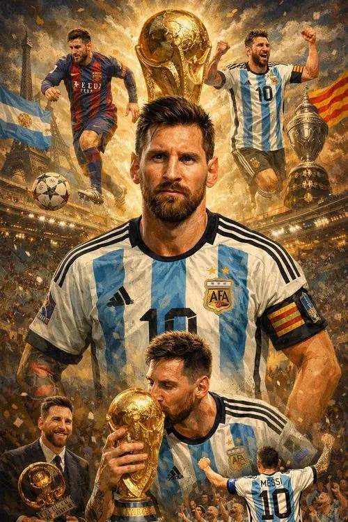 3 Tải ảnh ngầu Messi cầm cúp vàng, áo xanh trắng nổi bật, hậu cảnh sân khấu rực sáng.